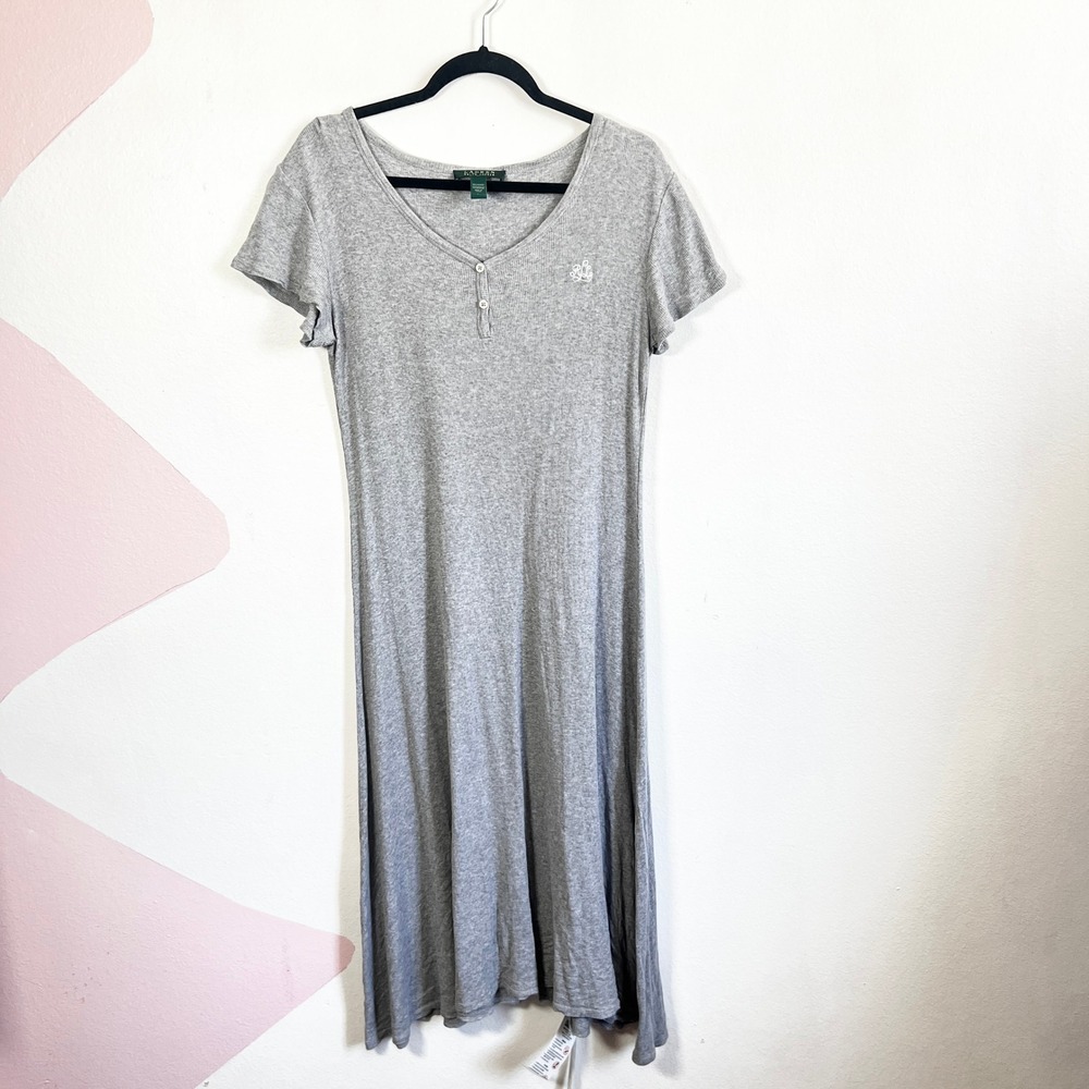 Lauren Ralph Lauren Midi Dress Sz Large Gray Ribbed Short Sleeve Vacation